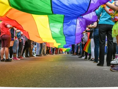 people holding a pride flag in a long row