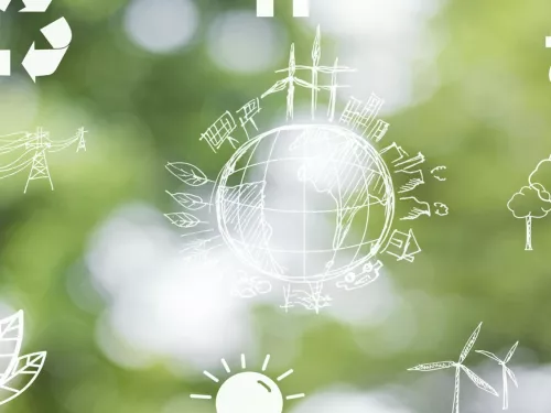 Power and energy symbols on green blurry background